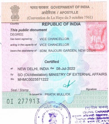 Sample of an apostille sticker issued by the Ministry of External Affairs, India