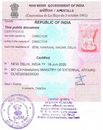 Pan card photocopy Apostille sample